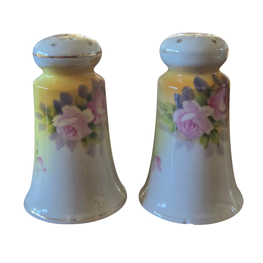 Vintage Noritake Hand Painted Porcelain Salt and Pepper Shakers Pink Rose Japan